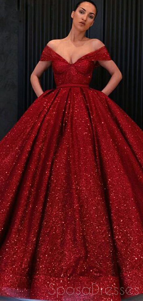 Off Shoulder Red Sparkly Ball Gown ...